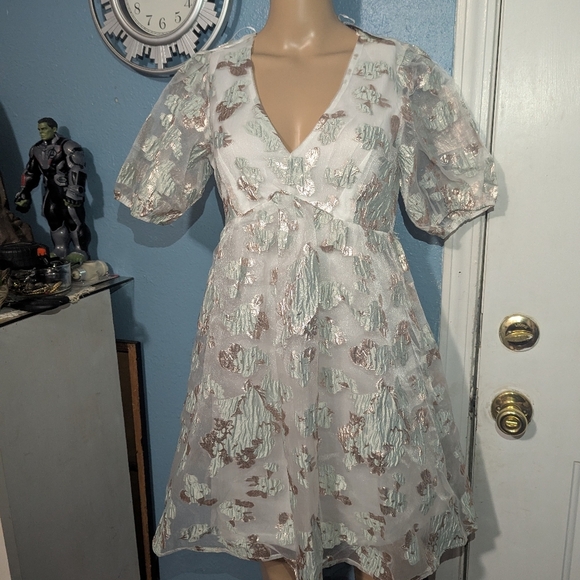 Audrey Park Cream Puff Sleeve V-Neck Mini Dress - Picture 5 of 7